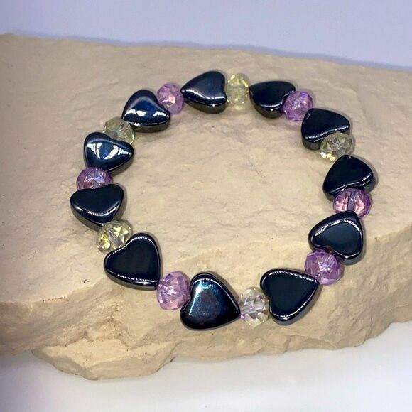 ✨🆕✨ Natural Stones Black Hematite Heart Purple + Iridescent Spacers Bracelet✨ - Picture 1 of 15